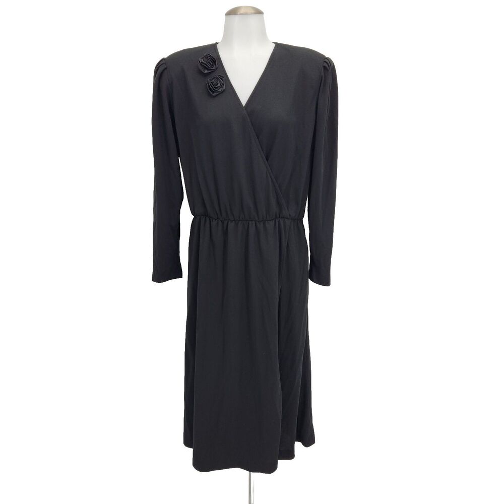Vintage California Looks Womens Knit Faux Wrap Midi Dress Black Size 16